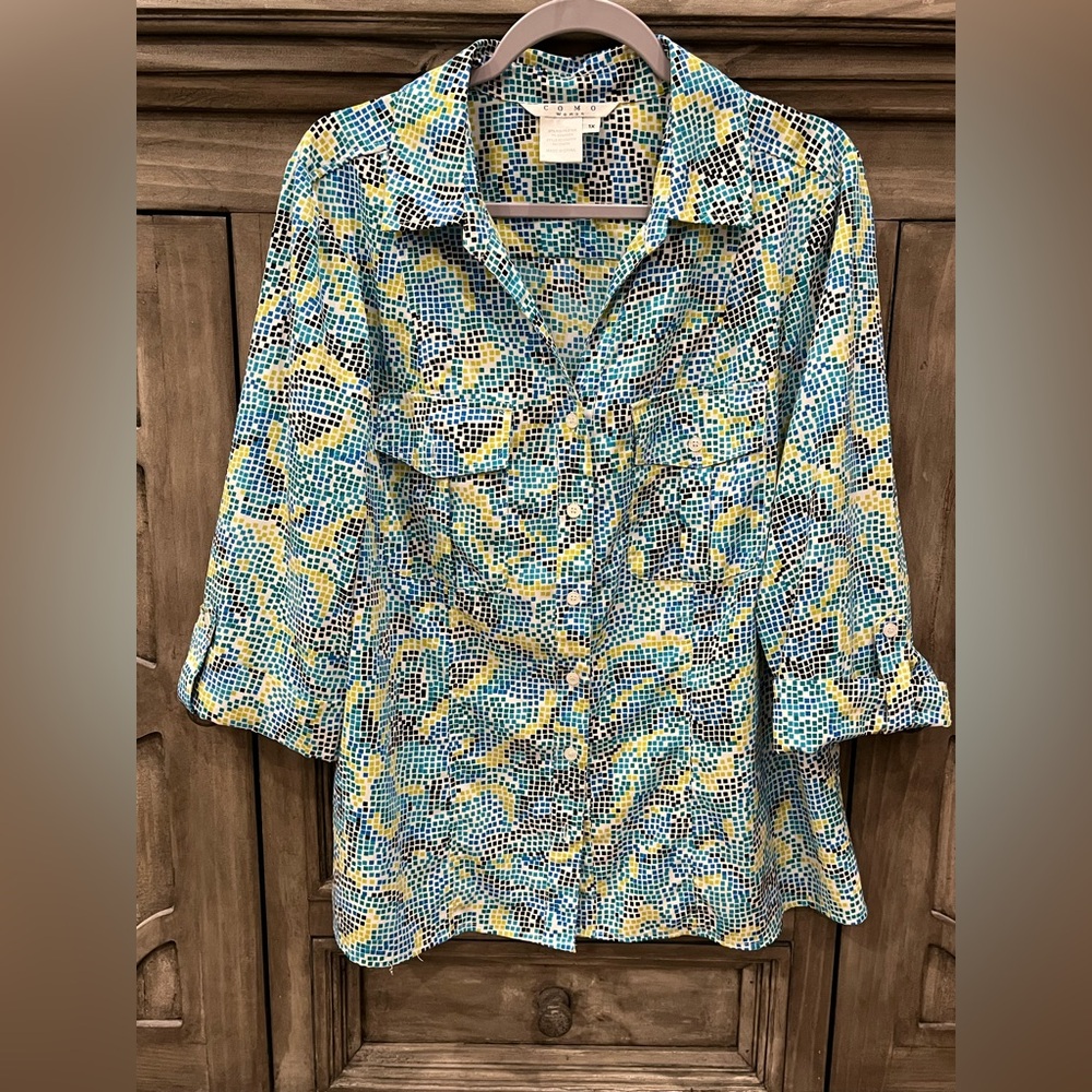 EUC Women’s Plus COMO WOMAN Blue/Yellow/Black Button Down Shirt (1X)